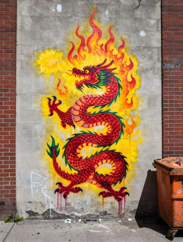 Colorful dragon mural on a brick wall in the city Free Premium Stock Image - stock photo