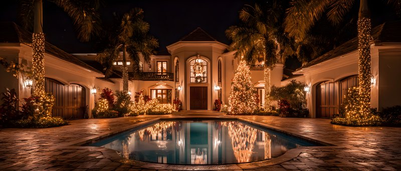 Holiday lights brighten a house by the pool at night Free Premium Stock Photo - stock photo
