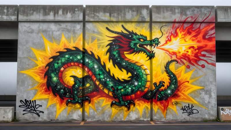 Colorful dragon mural with flames on city wall Free Premium Stock Image - stock photo