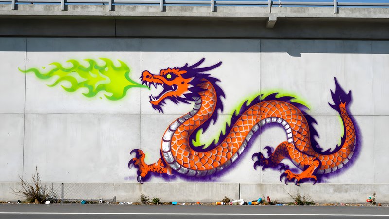 Bright dragon mural on concrete wall by road in sunlight Free Premium Stock Image - stock photo