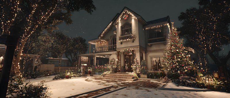 Winter holiday lights shine on a decorated house at night Free Premium Stock Photo - stock photo