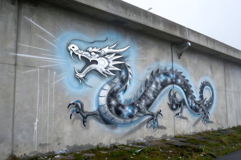 Dragon mural on wall in urban area near street Free Premium Stock Image - stock photo