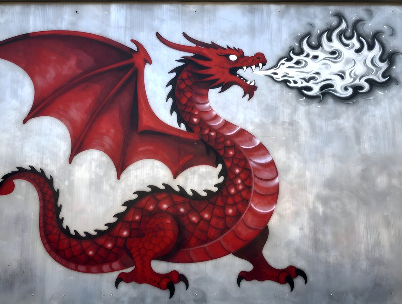 Mural of a dragon breathing fire on a city wall Free Premium Stock Image - stock photo