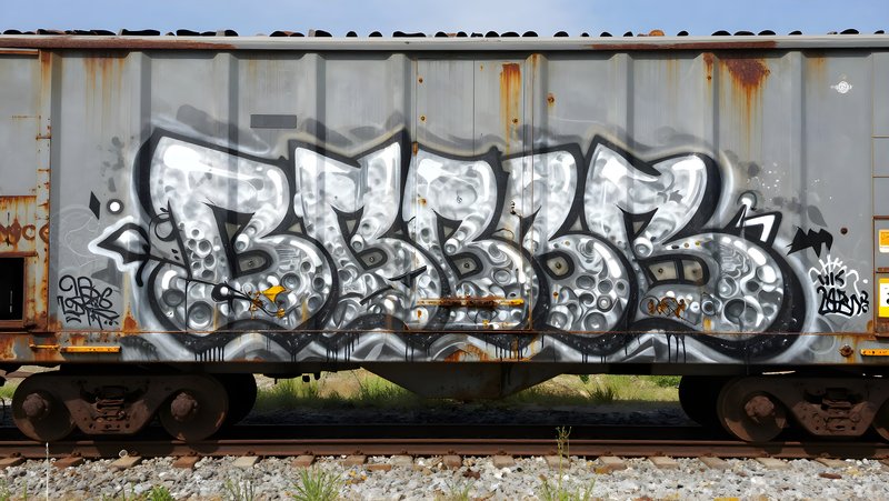 Train car displays graffiti along railway tracks in a sunny area Free Premium Stock Photo - stock photo