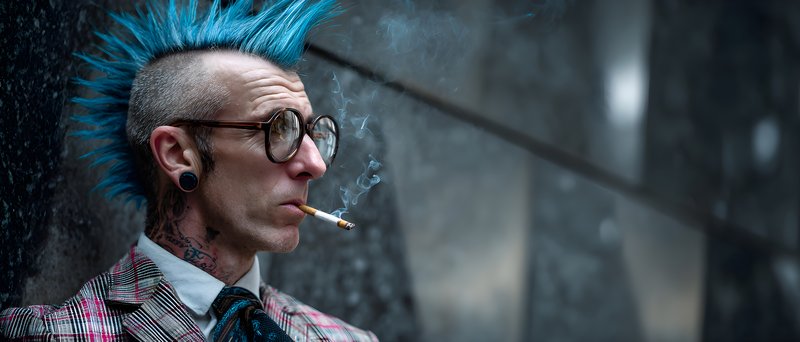 Man with blue hair smokes a cigarette in urban setting Free Premium Stock Photo - stock photo