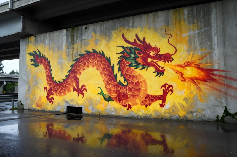 Dragon mural on a concrete wall beside a highway Free Premium Stock Image - stock photo