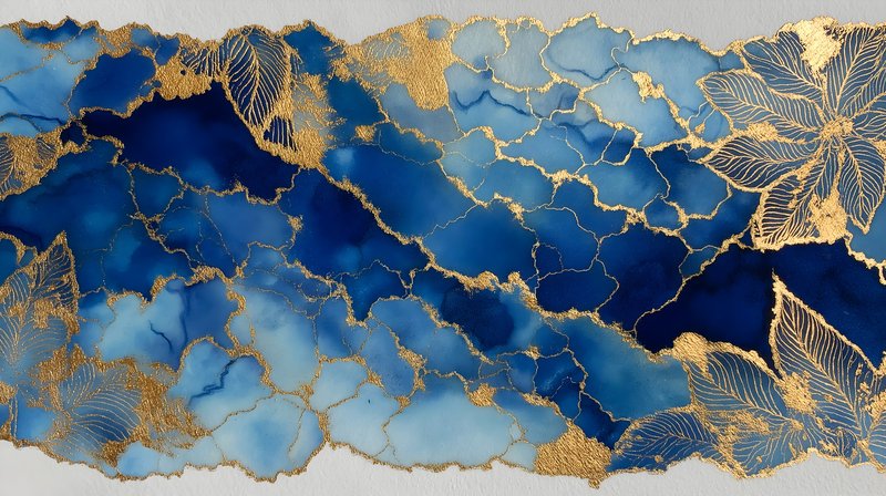 Artwork showing blue and gold colors on canvas with leaves Free Premium Stock Photo - stock photo