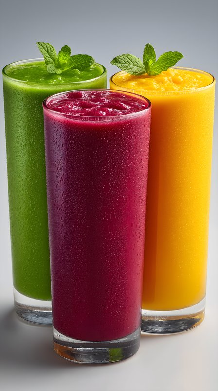 Mixed fruit juices served in clear glasses with mint garnish Free Premium Stock Image - stock photo