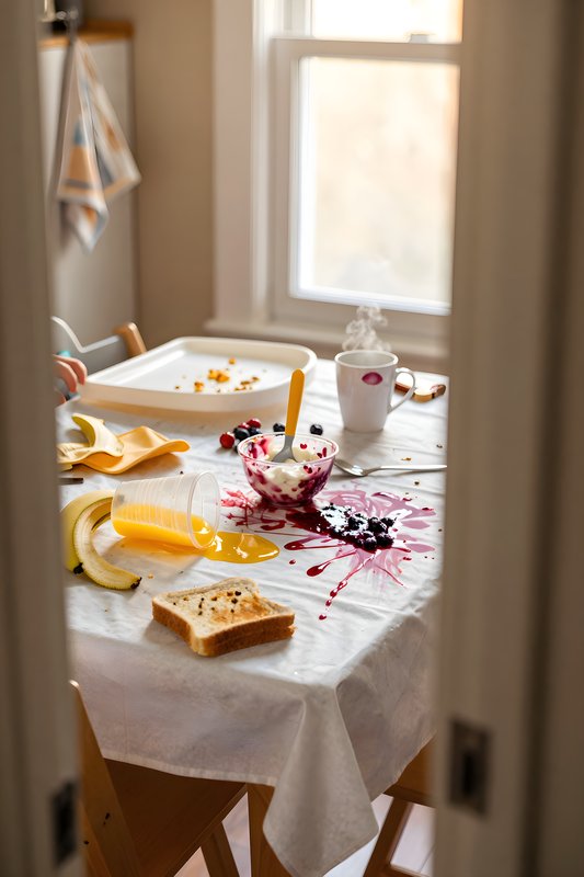 Breakfast table with spilled juice and scattered food items Free Premium Stock Image - stock photo