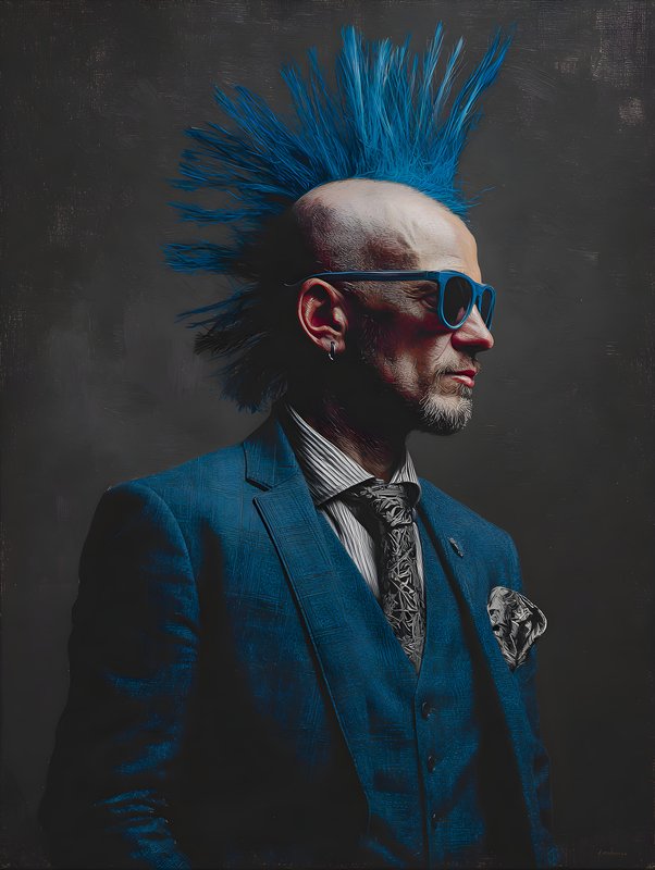 Bright blue mohawk hairstyle on man in suit looking sideways Free Premium Stock Image - stock photo