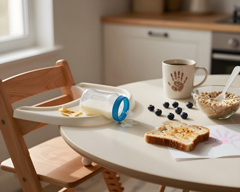 Breakfast time at home with baby chair and food scattered Free Premium Stock Photo - stock photo