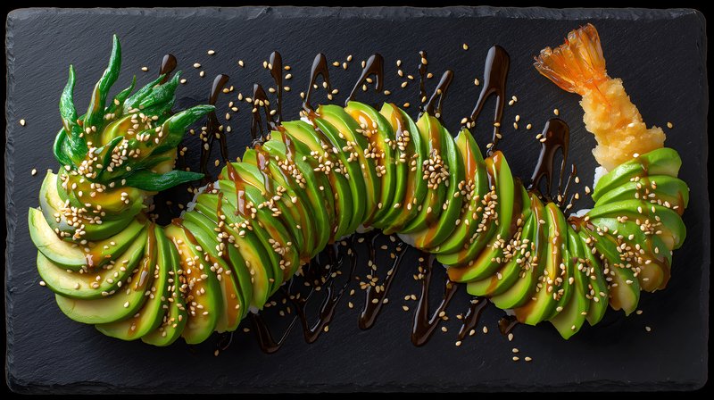 Creative sushi roll shaped like a dragon with a garnish Free Premium Stock Image - stock photo