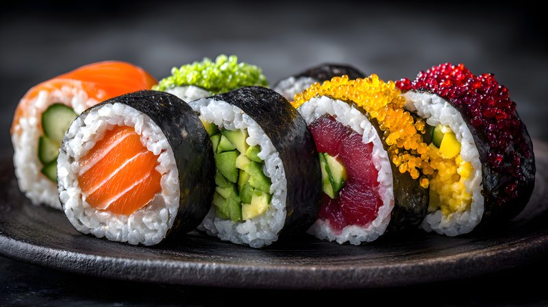 Sushi rolls displayed on a black plate with various colors Free Premium Stock Photo - stock photo