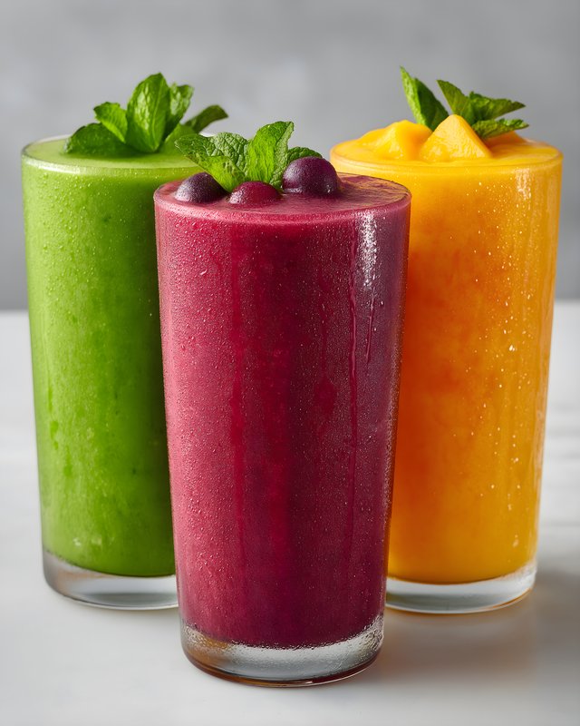 Refreshing fruit smoothies in three different flavors on a table Free Premium Stock Image - stock photo