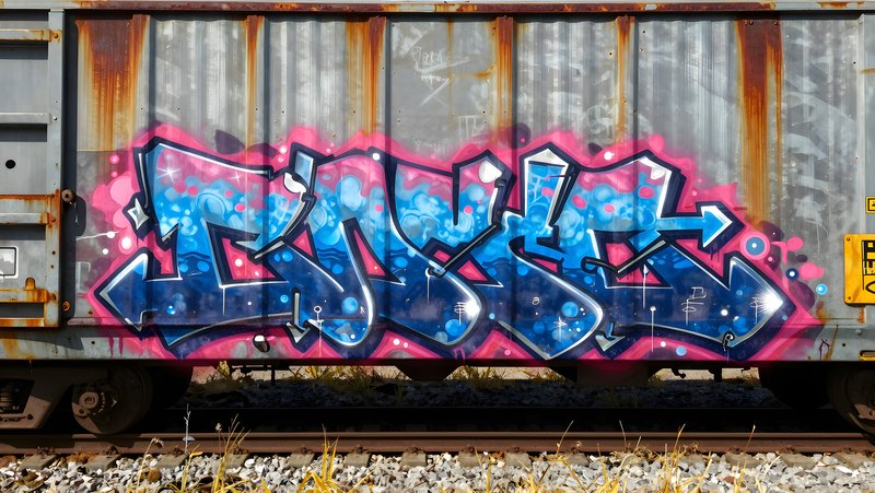 Colorful graffiti on a freight train in an urban area Free Premium Stock Photo - stock photo