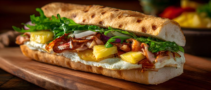 Freshly made sandwich with pineapple and greens on wooden board Free Premium Stock Photo - stock photo