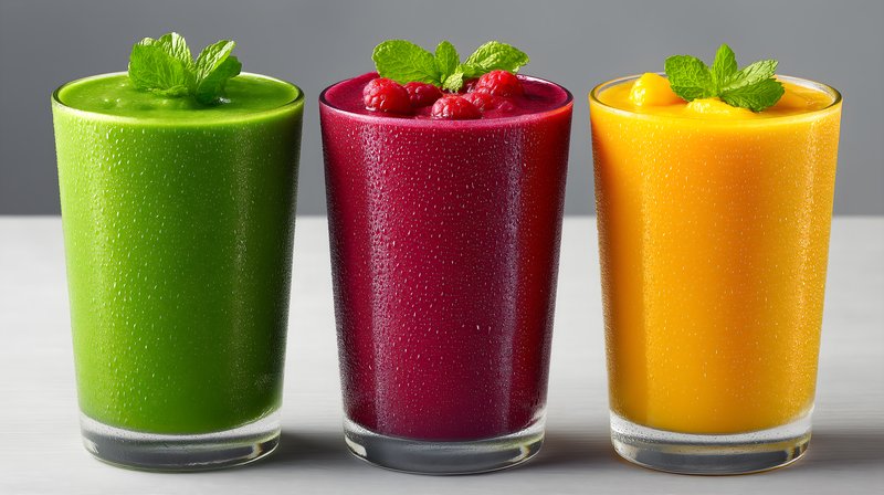 Fresh juices in three glasses on a gray background Free Premium Stock Photo - stock photo