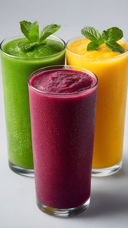 Fresh fruit smoothies served in clear glasses on a table Free Premium Stock Image - stock photo