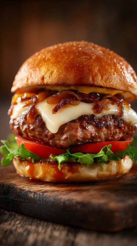 Juicy burger with melted cheese and toppings on a bun Free Premium Stock Image - stock photo