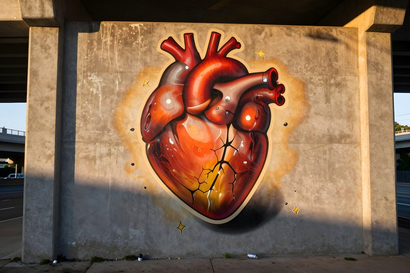 Colorful heart mural under the highway in the city Free Premium Stock Photo - stock photo