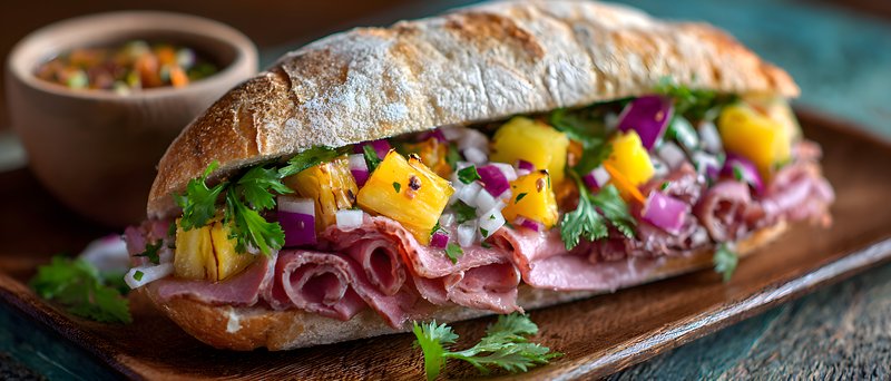 Sandwich with ham, pineapple, and vegetables on wooden plate Free Premium Stock Image - stock photo