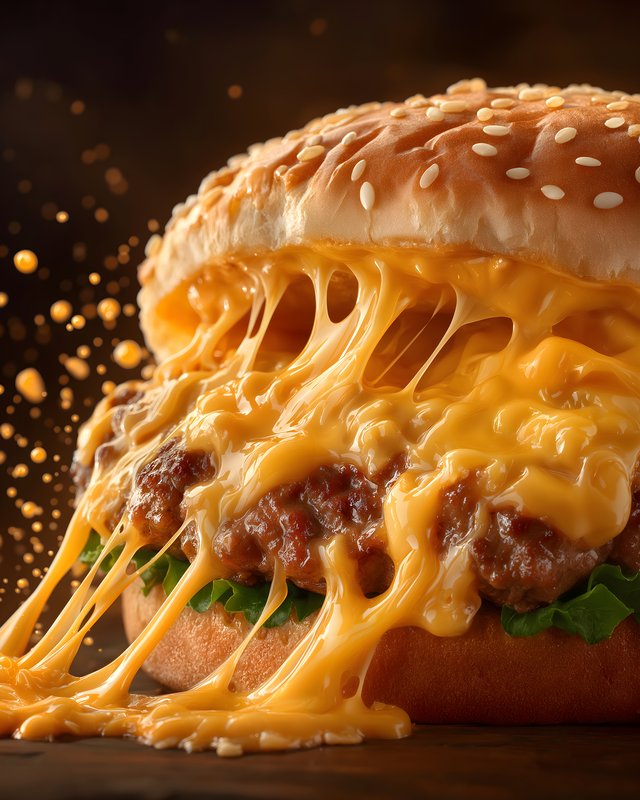 Cheese flows from a burger with fresh toppings in focus Free Premium Stock Photo - stock photo