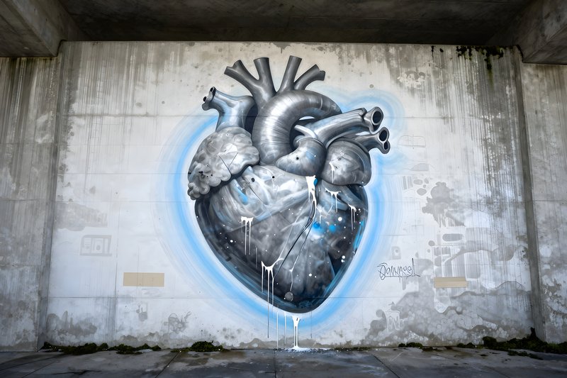 Street art shows a large heart mural on a concrete wall Free Premium Stock Image - stock photo