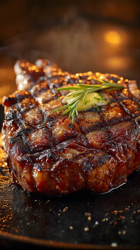 Perfectly cooked steak with herbs on a black plate Free Premium Stock Image - stock photo