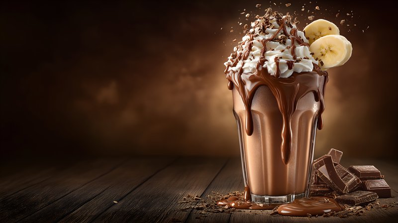 Sweet chocolate shake with whipped cream and bananas on a table Free Premium Stock Image - stock photo