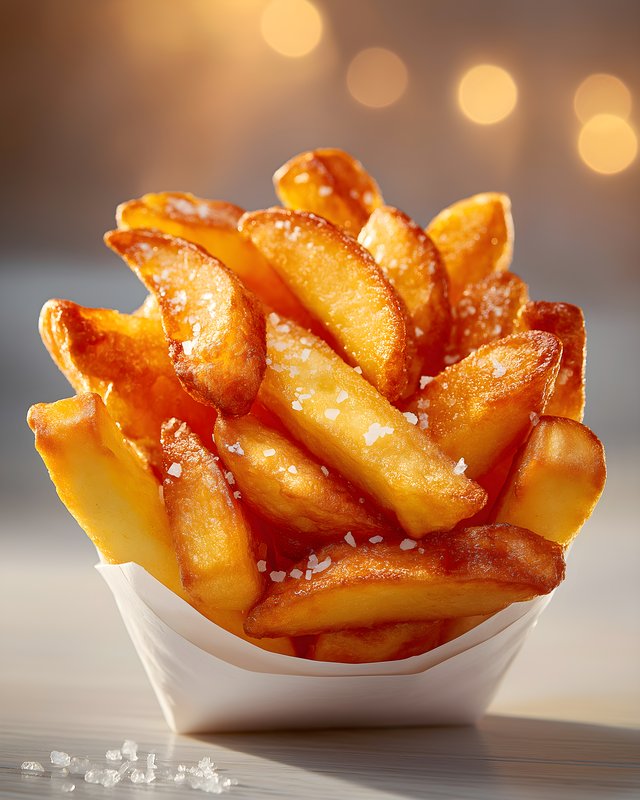 Fries served in a paper container with salt on top Free Premium Stock Image - stock photo