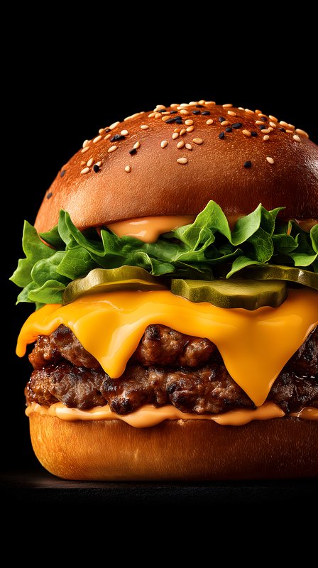 Cheddar burger with lettuce and pickles in dark background Free Premium Stock Image - stock photo