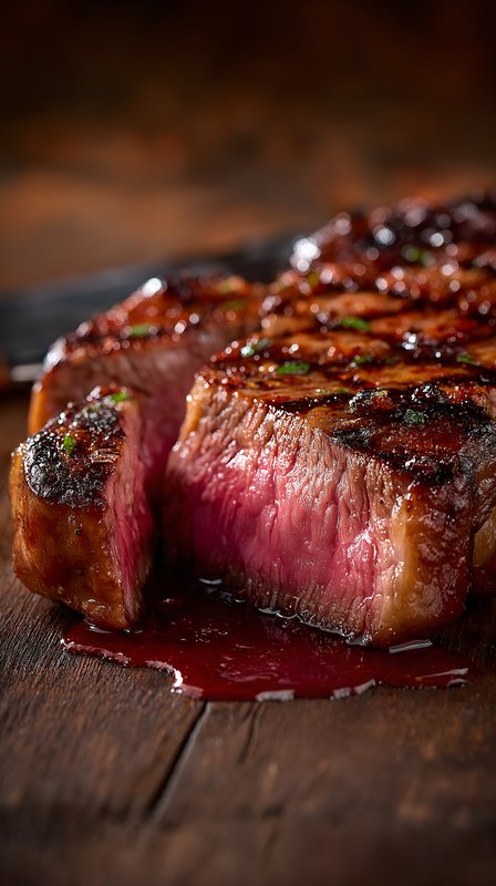 Juicy steak is cut and served on a wooden surface Free Premium Stock Photo - stock photo