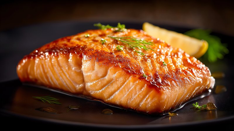 Grilled salmon fillet served on black plate with lemon Free Premium Stock Image - stock photo