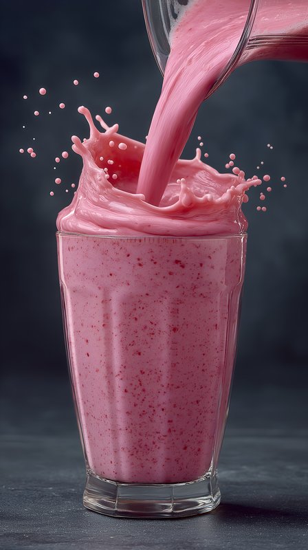 Strawberry milkshake pouring into a glass in the kitchen Free Premium Stock Image - stock photo