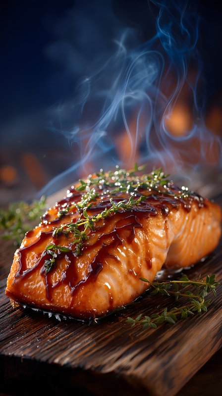Smoked salmon fillet with glaze and herbs on wooden board Free Premium Stock Image - stock photo