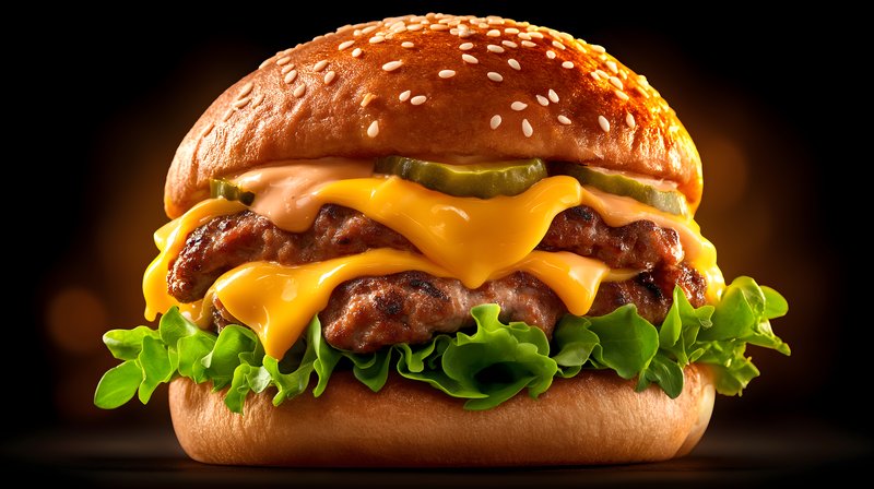 Juicy burger with cheese and pickles on sesame seed bun Free Premium Stock Photo - stock photo