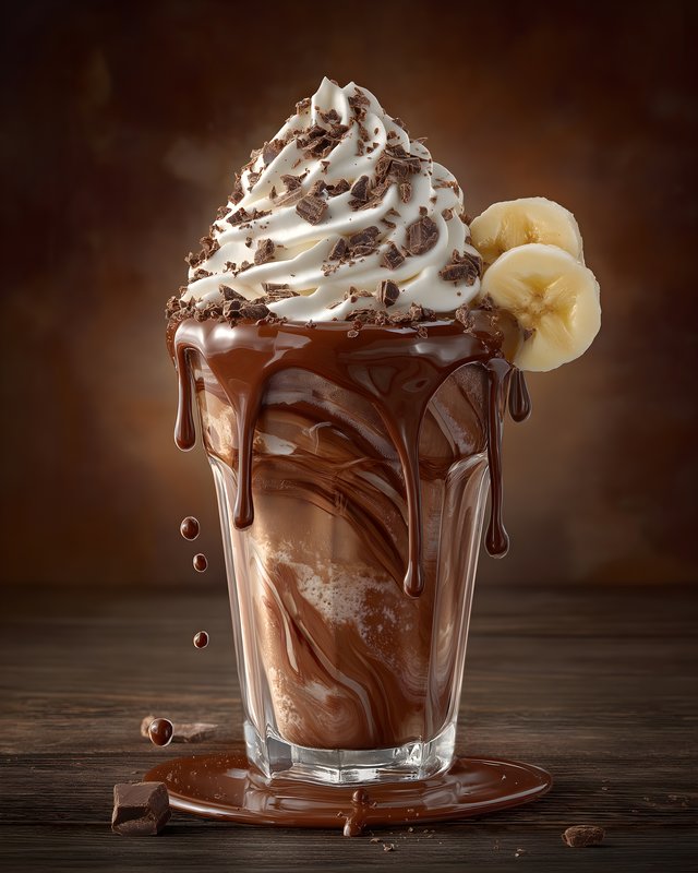 Chocolate dessert with cream and banana on wooden table Free Premium Stock Image - stock photo