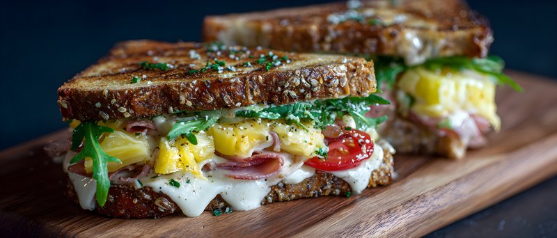 Sandwich with ham, cheese, and vegetables served on wood Free Premium Stock Photo - stock photo