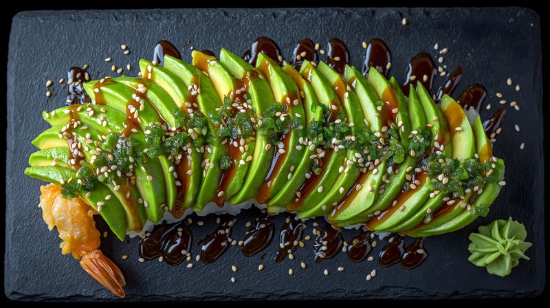 Sushi roll with avocado and shrimp served on a black plate Free Premium Stock Photo - stock photo