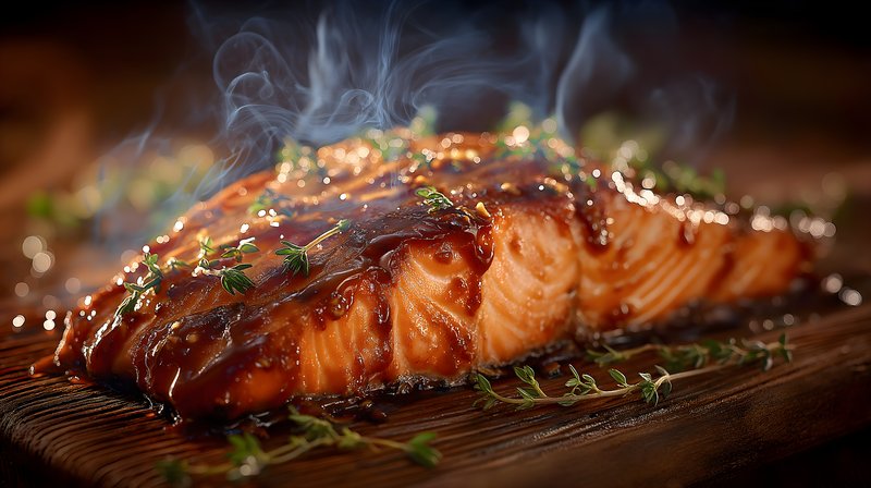 Grilled salmon fillet with sauce and herbs on a wooden board Free Premium Stock Photo - stock photo