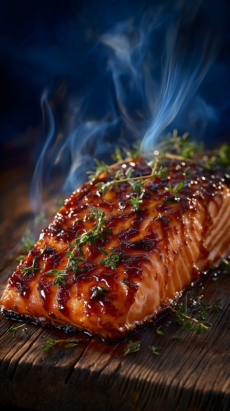 Grilled salmon with glaze and herbs on a wooden board Free Premium Stock Image - stock photo