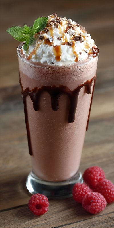Delicious chocolate milkshake with cream and raspberries Free Premium Stock Image - stock photo