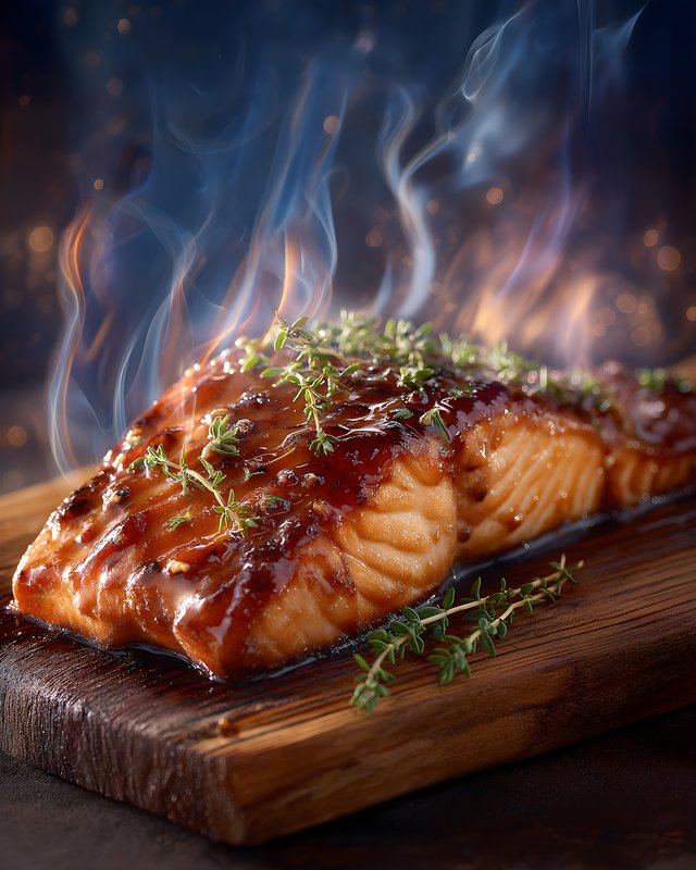 Salmon cooking on a wooden board with smoke and herbs Free Premium Stock Photo - stock photo