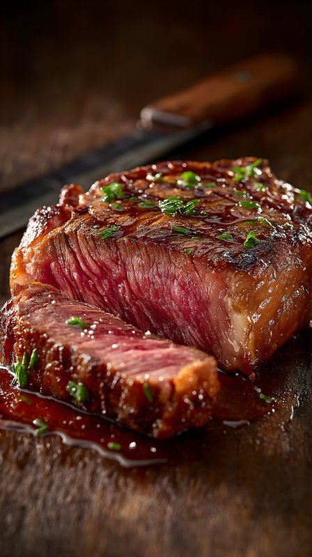 Juicy steak cut on wooden board with herbs and sauce Free Premium Stock Photo - stock photo
