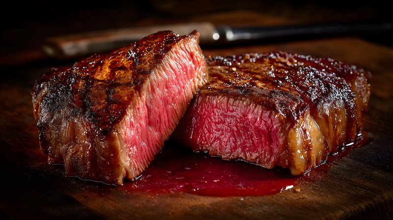 Juicy cuts of steak ready for serving on a wooden board Free Premium Stock Image - stock photo
