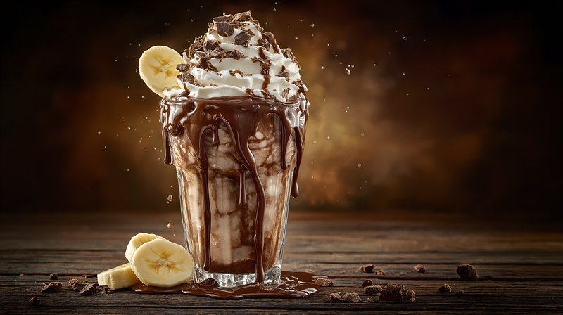 Chocolate shake topped with whipped cream and banana slices Free Premium Stock Image - stock photo