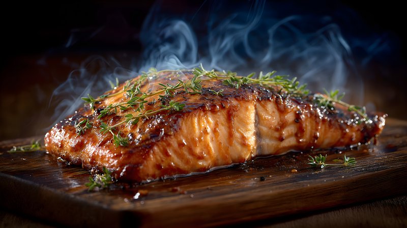Grilled salmon with herbs on a wooden board in kitchen Free Premium Stock Image - stock photo