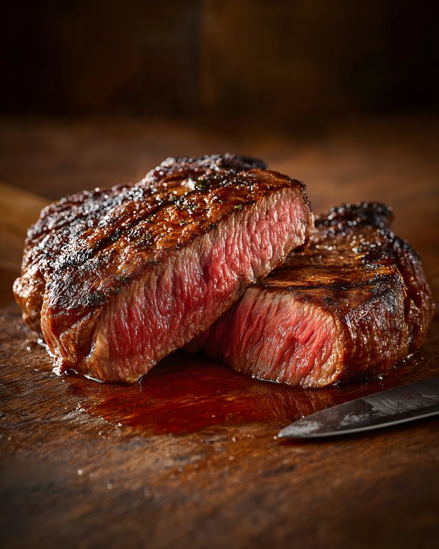 Juicy steak cut on wooden board with knife nearby Free Premium Stock Image - stock photo