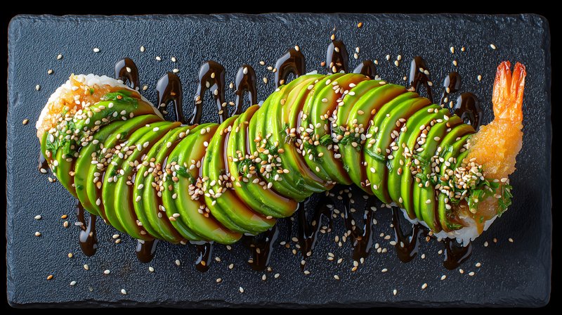 Sushi roll with shrimp and avocado in a restaurant setting Free Premium Stock Photo - stock photo