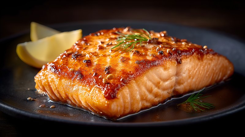 Fresh salmon fillet served with lemon wedges on a plate Free Premium Stock Image - stock photo